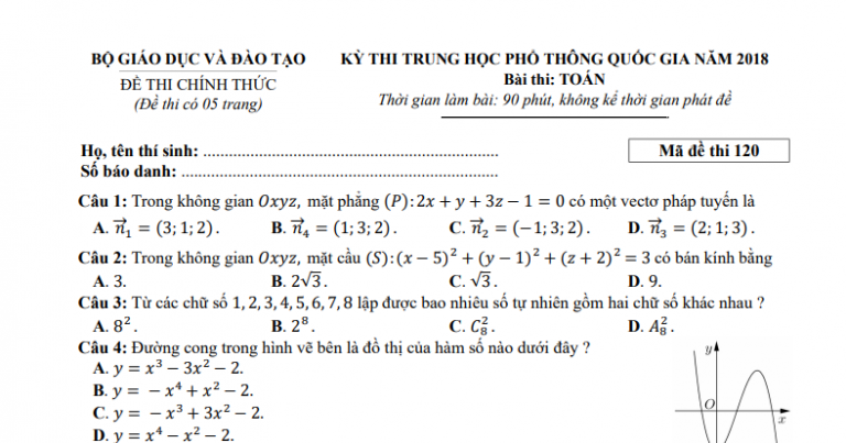 Đáp án – đề thi chính thức môn Toán kì thi THPTQG 2018 (mã đề 120)