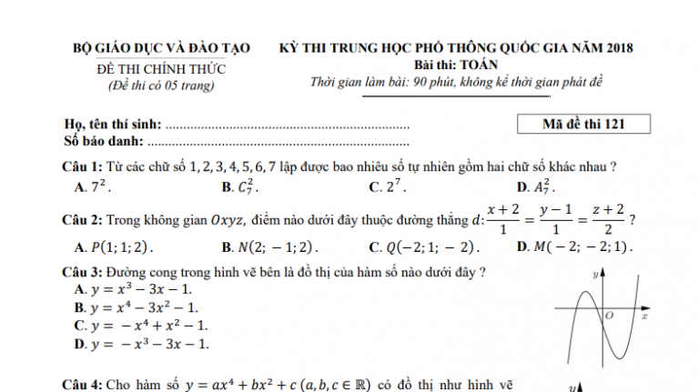 Đáp án – đề thi chính thức môn Toán kì thi THPTQG 2018 (mã đề 121)