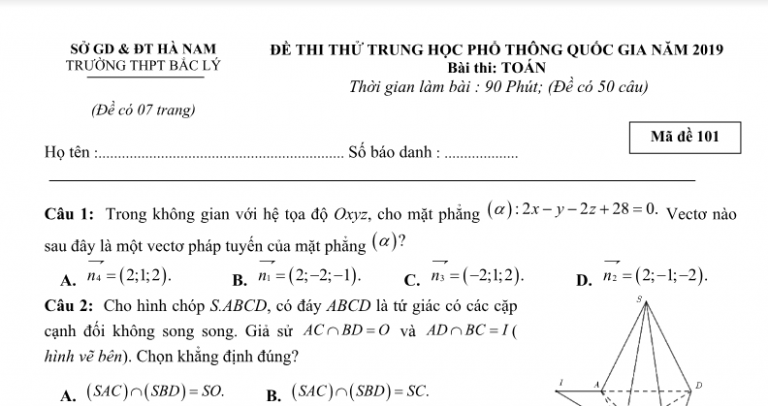 Đề thi thử THPT Quốc gia 2019 môn Toán trường THPT Bắc Lý – Hà Nam