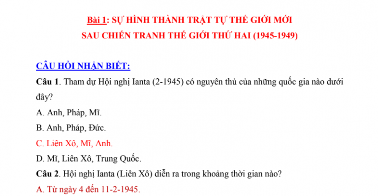 BỘ CÂU HỎI HOÀN CHỈNH THAM KHẢO LỊCH SỬ 12