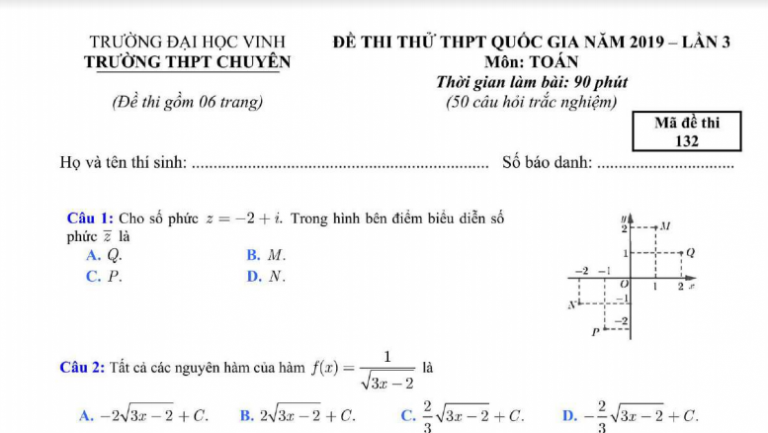 Đáp án – đề thi thử THPT quốc gia 2019 môn Toán THPT Chuyên ĐH Vinh lần 3