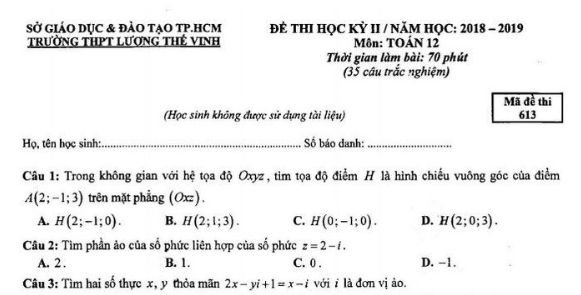 Đề thi môn Toán kì 2 lớp 12 – THPT Lương Thế Vinh 2019