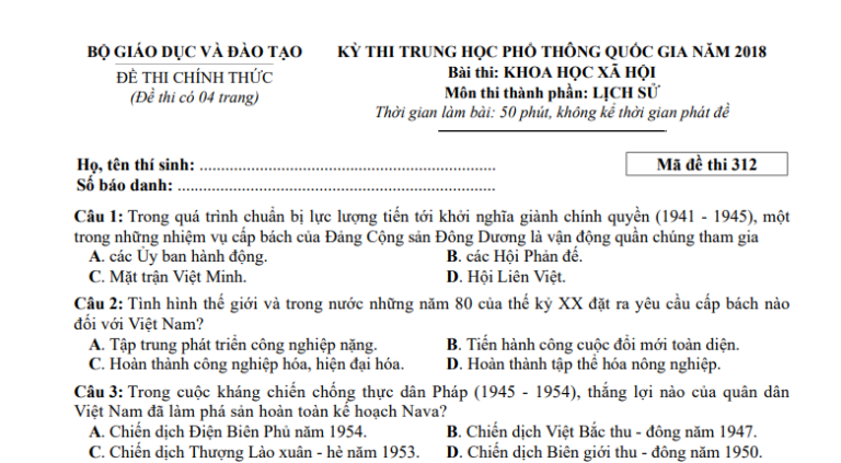 Đáp án – đề thi chính thức môn Lịch sử kì thi THPTQG 2018 (mã đề 312)