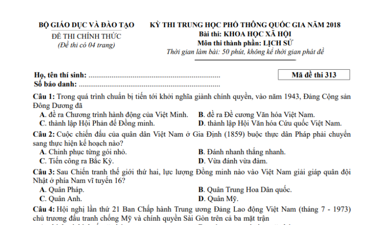 Đáp án – đề thi chính thức môn Lịch sử kì thi THPTQG 2018 (mã đề 313)