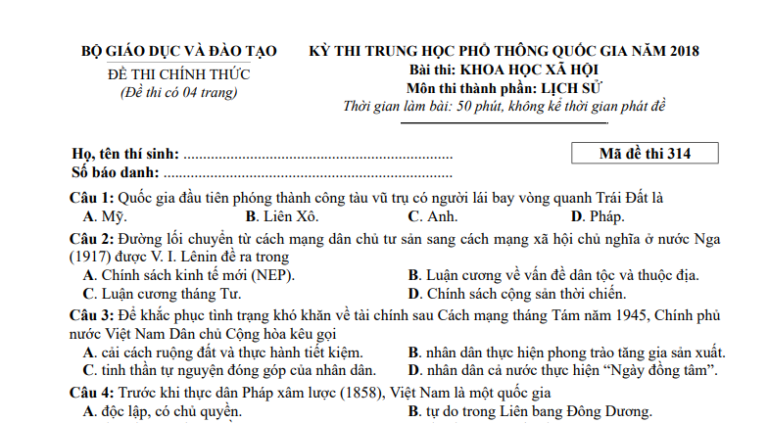 Đáp án – đề thi chính thức môn Lịch sử kì thi THPTQG 2018 (mã đề 314)