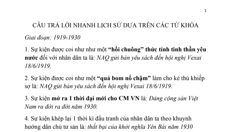 Tổng hợp câu hỏi nhanh Lịch sử dựa trên các từ khoá