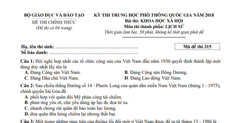 Đáp án – đề thi chính thức môn Lịch sử kì thi THPTQG 2018 (mã đề 315)