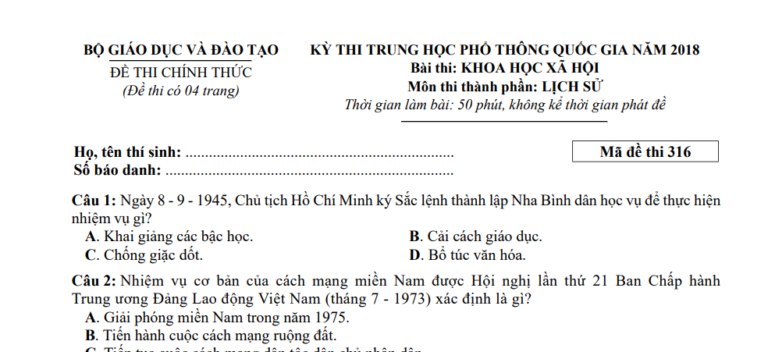 Đáp án – đề thi chính thức môn Lịch sử kì thi THPTQG 2018 (mã đề 316)