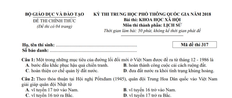 Đáp án – đề thi chính thức môn Lịch sử kì thi THPTQG 2018 (mã đề 317)