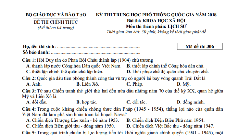 Đáp án – đề thi chính thức môn Lịch sử kì thi THPTQG 2018 (mã đề 306)