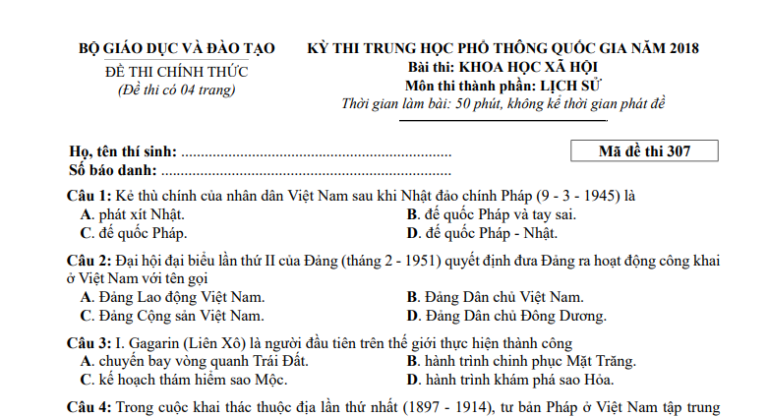 Đáp án – đề thi chính thức môn Lịch sử kì thi THPTQG 2018 (mã đề 307)