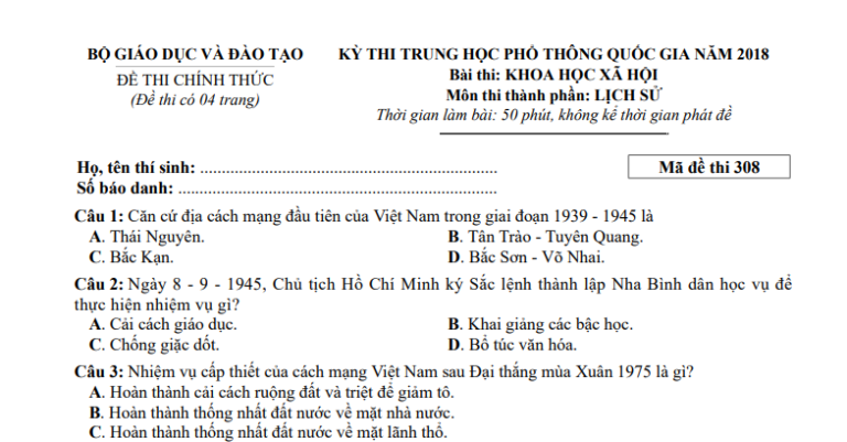 Đáp án – đề thi chính thức môn Lịch sử kì thi THPTQG 2018 (mã đề 308)