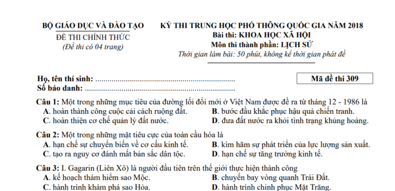 Đáp án – đề thi chính thức môn Lịch sử kì thi THPTQG 2018 (mã đề 309)