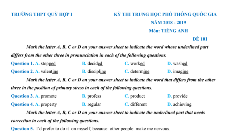 Giải chi tiết đề thi thử tiếng Anh THPT Quỳ Hợp