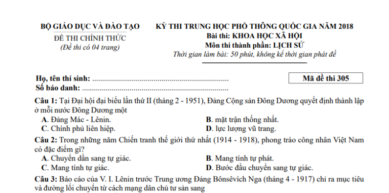 Đáp án – đề thi chính thức môn Lịch sử kì thi THPTQG 2018 (mã đề 305)