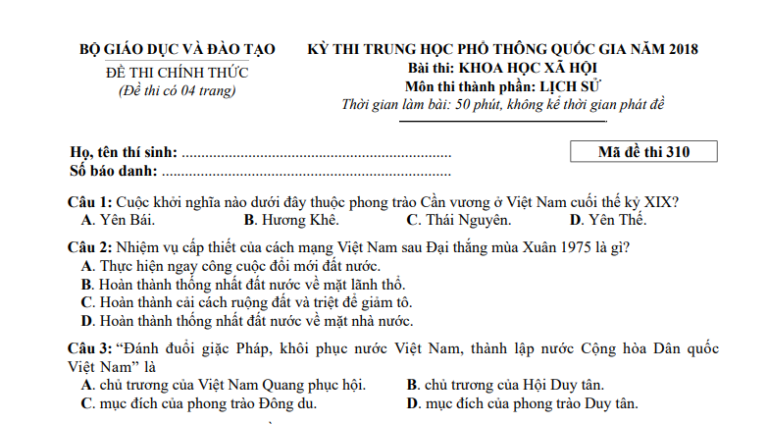 Đáp án – đề thi chính thức môn Lịch sử kì thi THPTQG 2018 (mã đề 310)