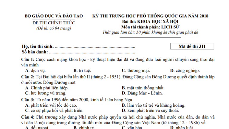 Đáp án – đề thi chính thức môn Lịch sử kì thi THPTQG 2018 (mã đề 311)