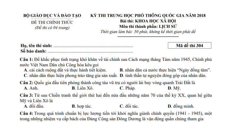 Đáp án – đề thi chính thức môn Lịch sử kì thi THPTQG 2018 (mã đề 304)