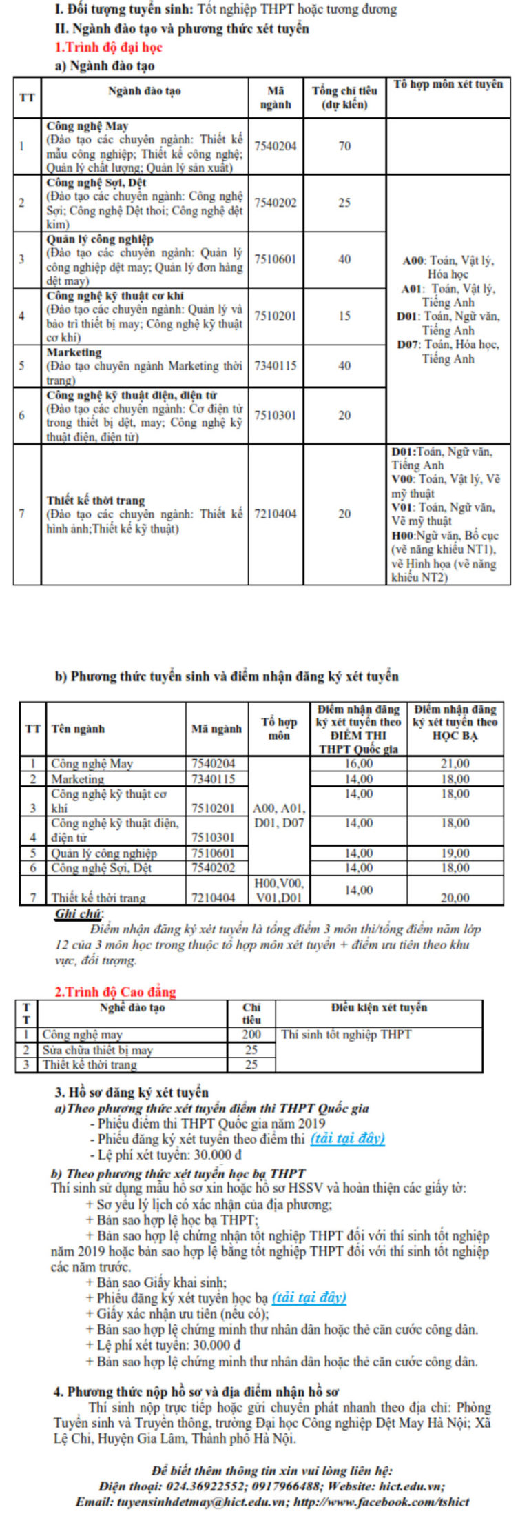 Đại học Công nghiệp Dệt may Hà Nội thông báo tuyển sinh bổ sung năm 2019