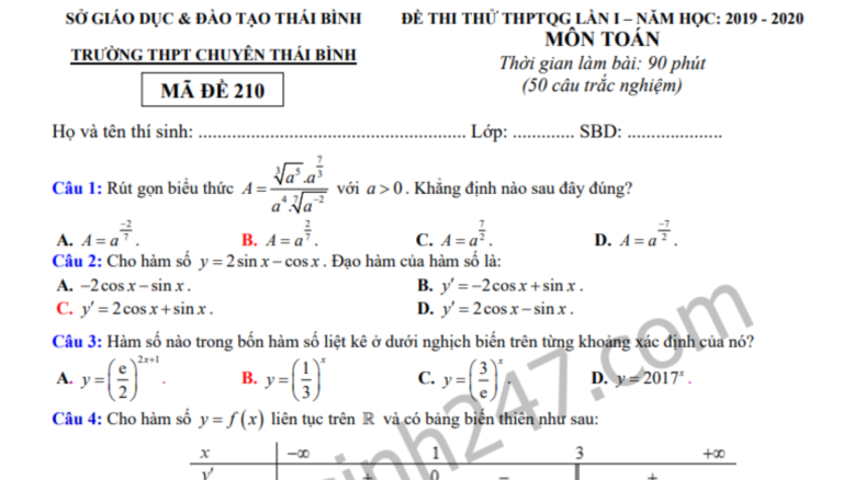 Đề thi thử THPT Quốc gia môn Toán 2020 – THPT Chuyên Thái Bình lần 1