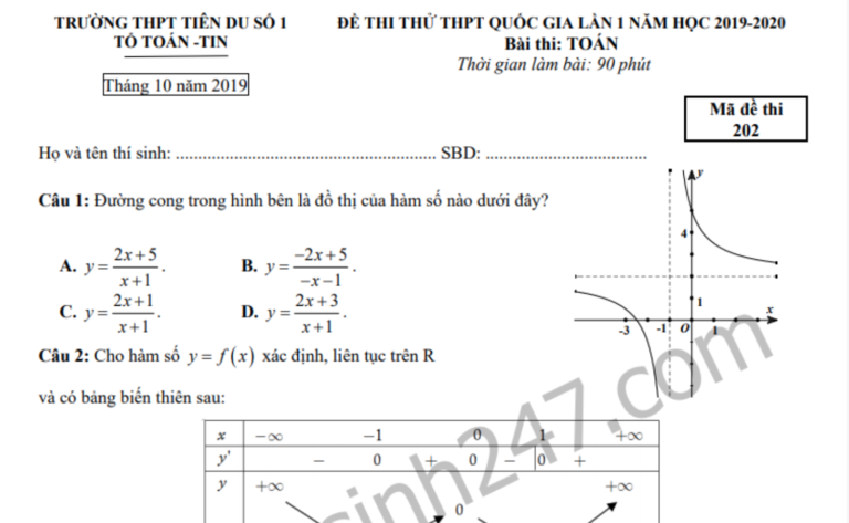 Đề thi thử THPTQG môn Toán 2020 – THPT Tiên Du