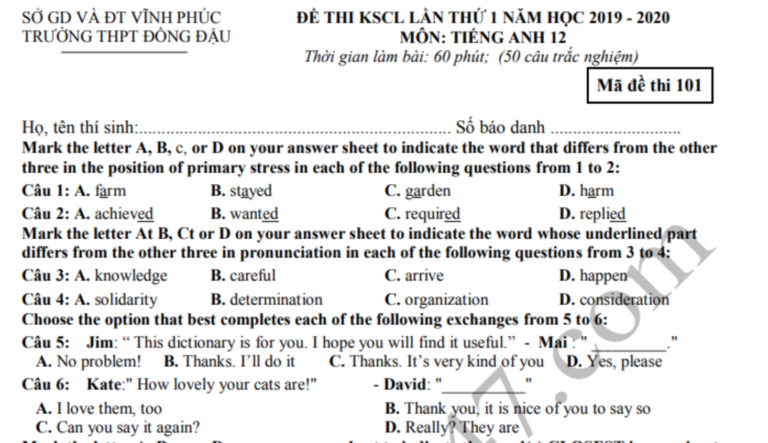 Đáp án – Đề thi thử THPTQG môn Anh THPT Đồng Đậu 2020 lần 1