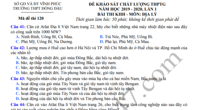 Đáp án – đề thi thử THPTQG 2020 môn Địa – THPT Đồng Đậu lần 1