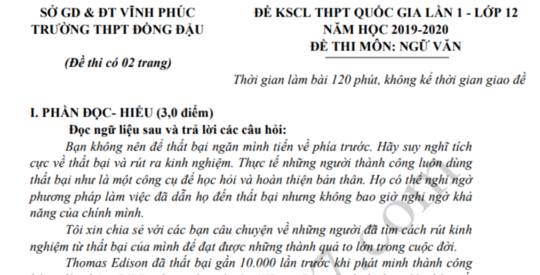 Đáp án – đề thi thử THPTQG môn Văn 2020 – THPT Đồng Đậu lần 1