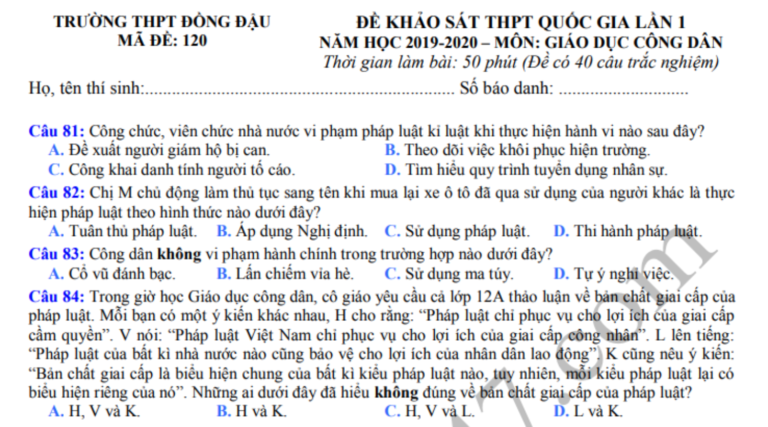 Đáp án – Đề thi thử THPTQG môn GDCD 2020 – THPT Đồng Đậu lần 1