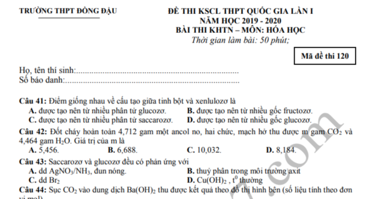 Đáp án – Đề thi thử THPTQG môn Hóa 2020 – THPT Đồng Đậu