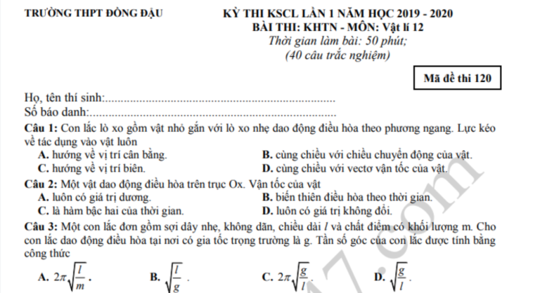 Đáp án – Đề thi thử THPTQG môn Lý 2020 – THPT Đồng Đậu