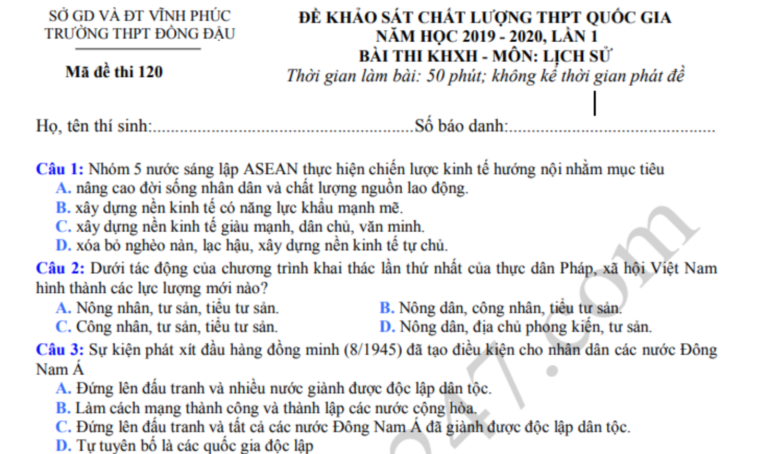 Đáp án – Đề thi thử THPT Quốc gia môn Sử THPT Đồng Đậu 2020 lần 1