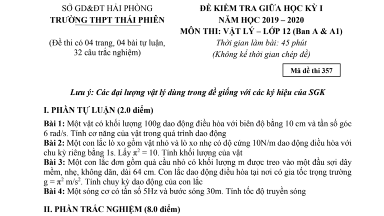 Đề thi giữa HK 1 – Vật Lý 12 – THPT Thái Phiên – Hải Phòng