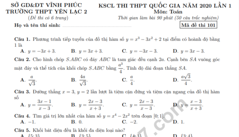 Đáp án – Đề thi thử THPTQG môn Toán THPT Yên Lạc 2 năm 2020 lần 1