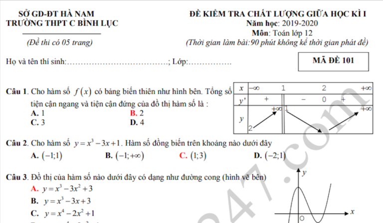 Đề thi giữa kì 1 lớp 12 môn Toán 2019 – THPT C Bình Lục