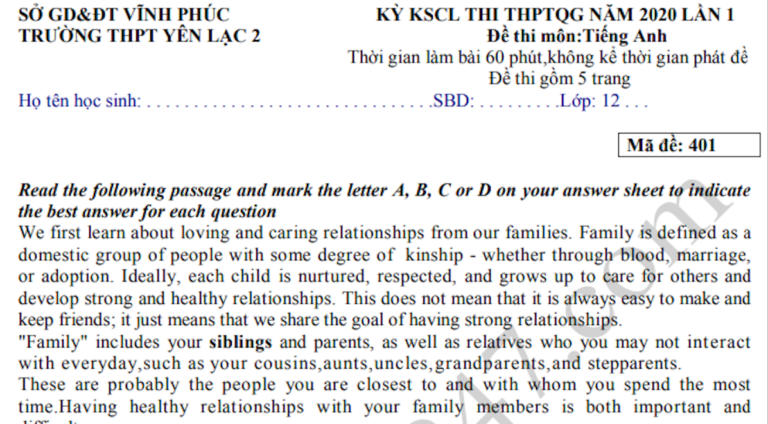 Đề thi thử THPTQG 2020 môn Anh lần 1 – THPT Yên Lạc 2
