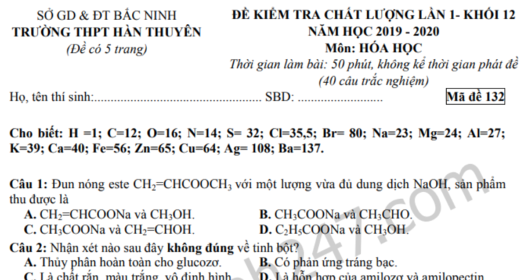 Đáp án – đề thi thử THPTQG môn Hóa 2020 – THPT Hàn Thuyên lần 1