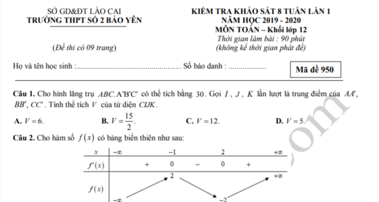 Đề thi giữa kì 1 môn Toán lớp 12 THPT số 2 Bảo Yên 2019