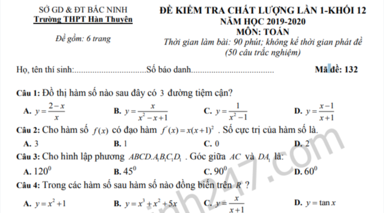 Đáp án – Đề thi thử THPTQG môn Toán THPT Hàn Thuyên 2020 lần 1