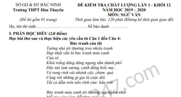 Đáp án – Đề thi thử THPT Quốc gia môn Văn 2020 THPT Hàn Thuyên lần 1