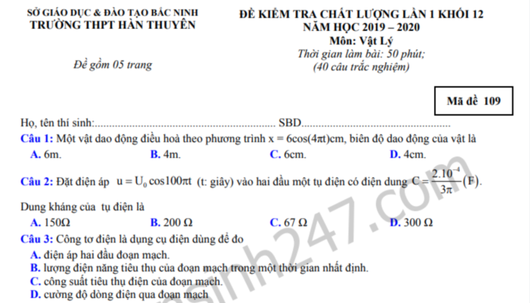 Đáp án – Đề thi thử THPTQG môn Lý – THPT Hàn Thuyên 2020 lần 1