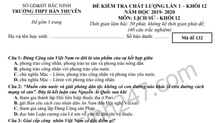 Đáp án – Đề thi thử THPT Quốc gia 2020 môn Sử THPT Hàn Thuyên lần 1