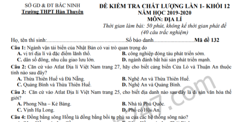 Đáp án – Đề thi thử THPTQG môn Địa 2020 – THPT Hàn Thuyên lần 1