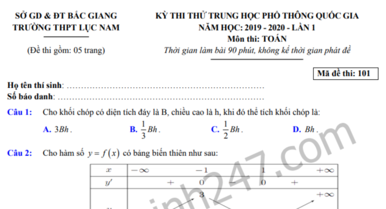 Đề thi thử THPT Quốc gia môn Toán 2020 – THPT Lục Nam lần 1