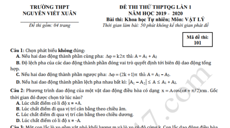 Đáp án – Đề thi thử THPT Quốc gia môn Lý THPT Nguyễn Viết Xuân 2020 lần 1