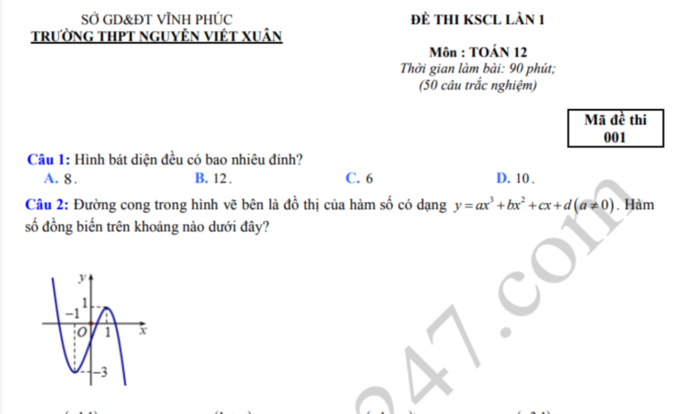 Đáp án – Đề thi thử THPTQG môn Toán 2020 – THPT Nguyễn Viết Xuân lần 1