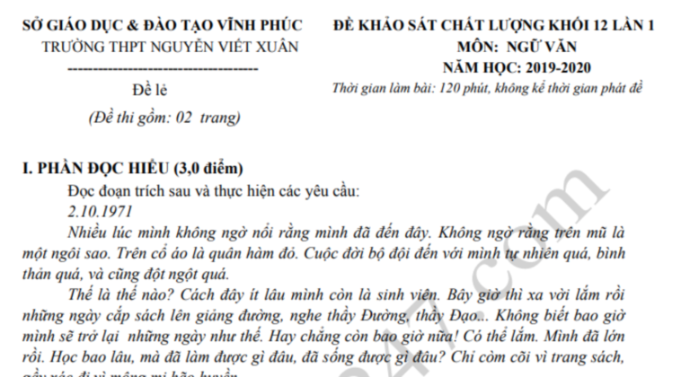 Đáp án – Đề thi thử THPT Quốc gia môn Văn 2020 – THPT Nguyễn Viết Xuân lần 1