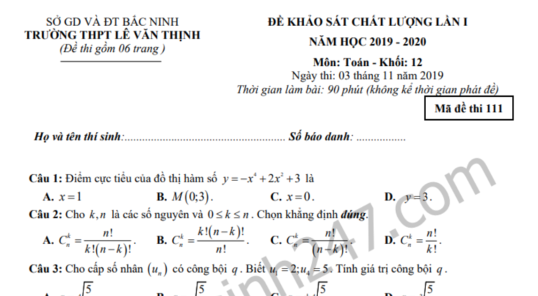 Đáp án – Đề thi thử THPTQG môn Toán 2020 – THPT Lê Văn Thịnh lần 1