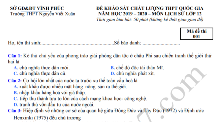 Đáp án – Đề thi thử THPTQG môn Sử – THPT Nguyễn Viết Xuân 2020 lần 1