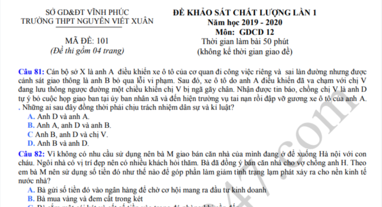 Đáp án – Đề thi thử THPT Quốc gia môn GDCD 2020 THPT Nguyễn Viết Xuân lần 1